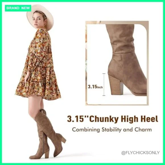 Knee High Boots with Chunky Heel Pointed Toe Western Style - Picture 4 of 7
